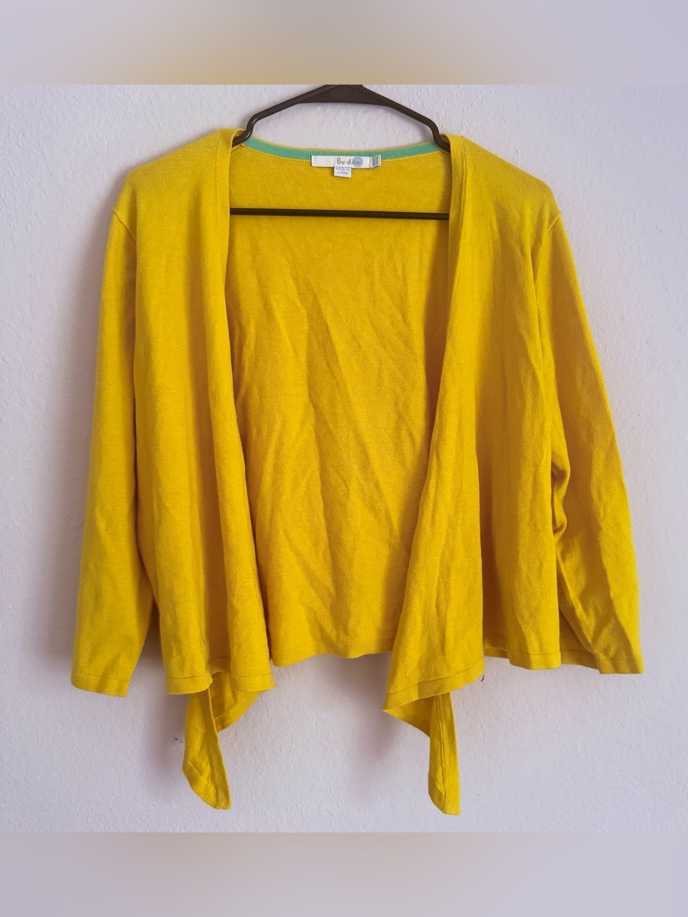 Boden Cardigan Sweater Yellow Cotton Blend Open Front Pockets Boho Cottage Sz 14